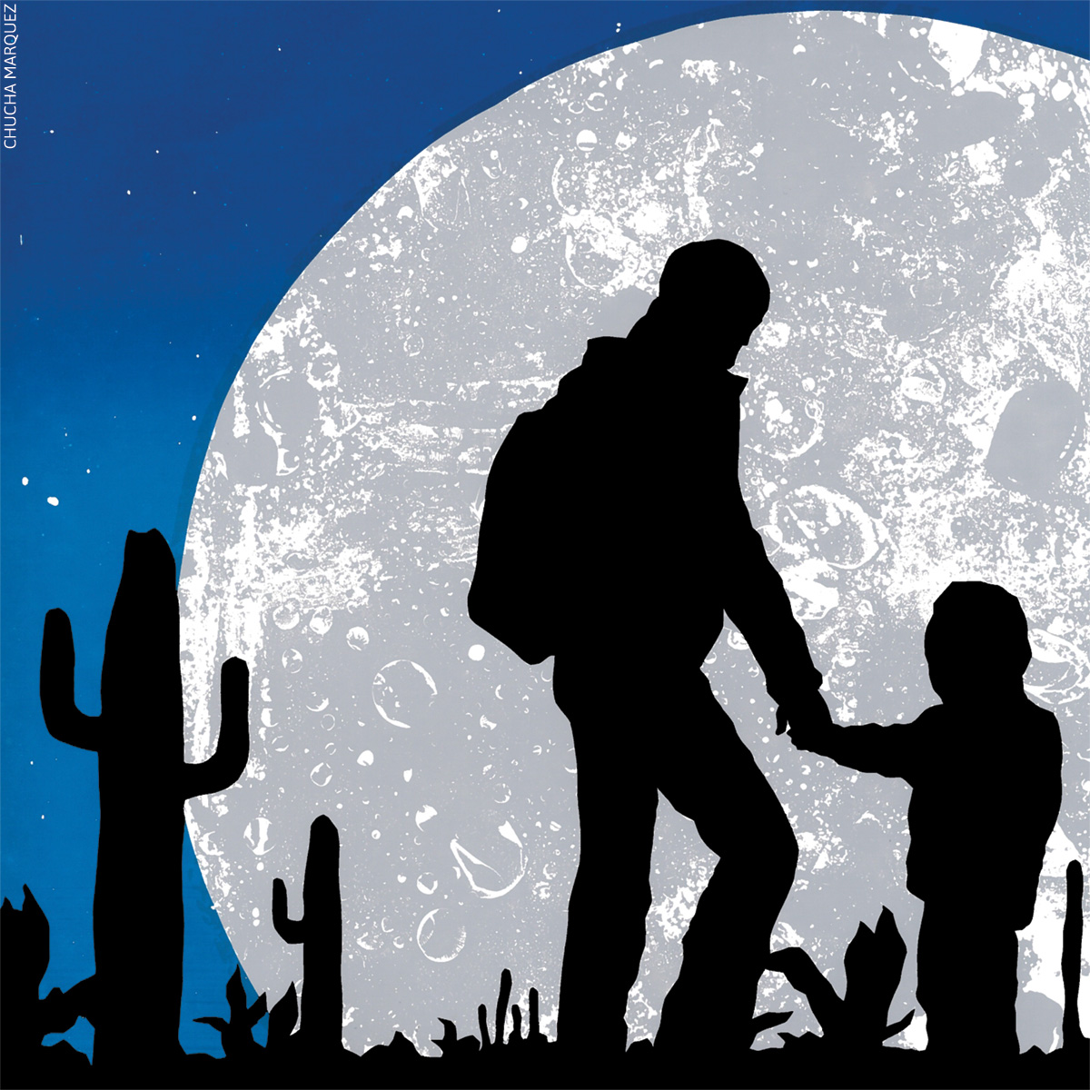 Parent and child silhouettes holding hands standing in front of large moon, night sky, and silhouette of desert cacti. 